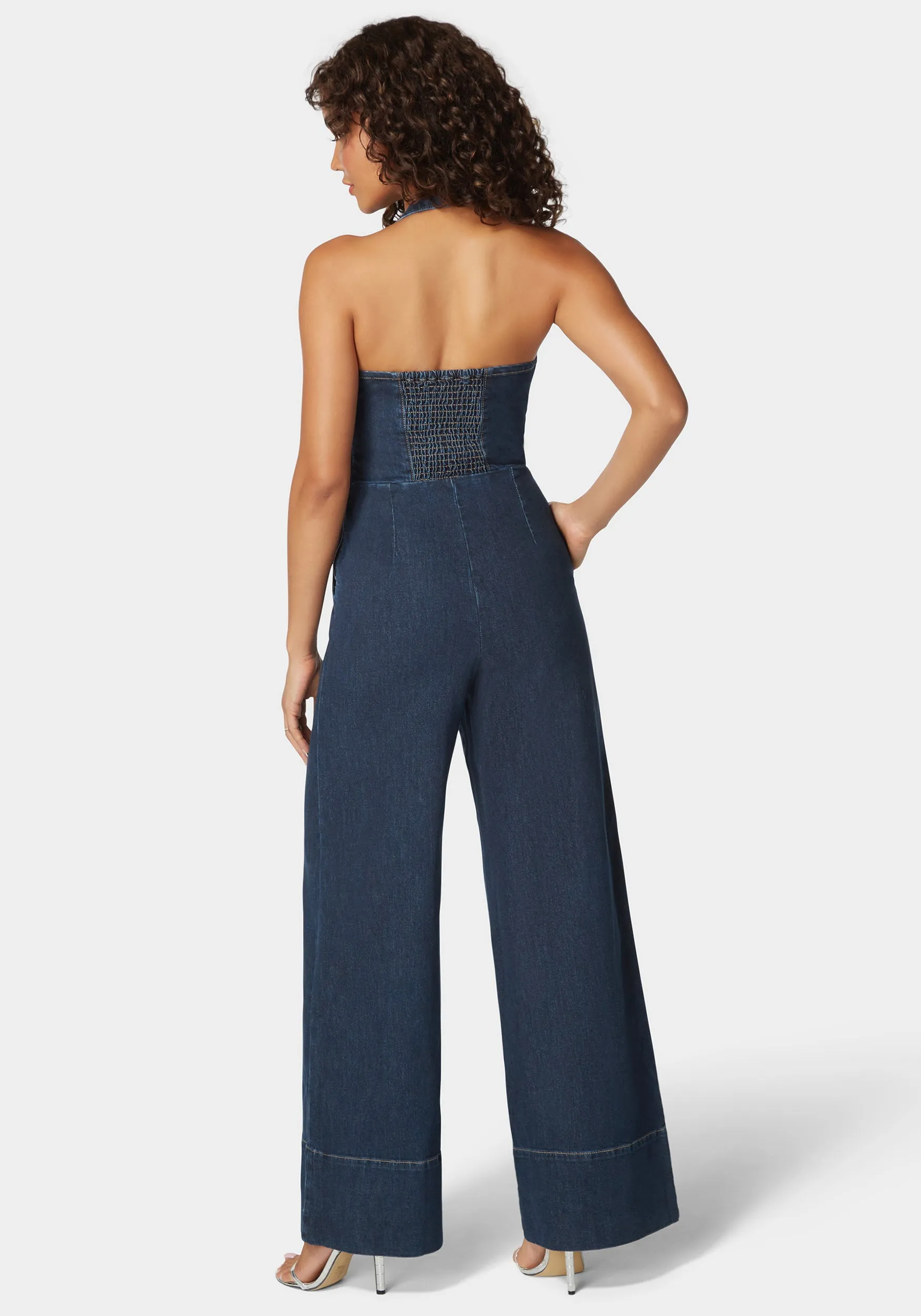 Halter Neck Buckle Detail Wide Leg Denim Jumpsuit