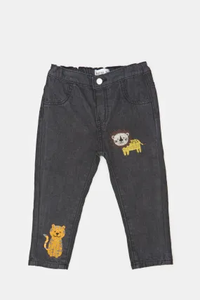 Infant Boys Black Lion Print Slim Fit Jeans