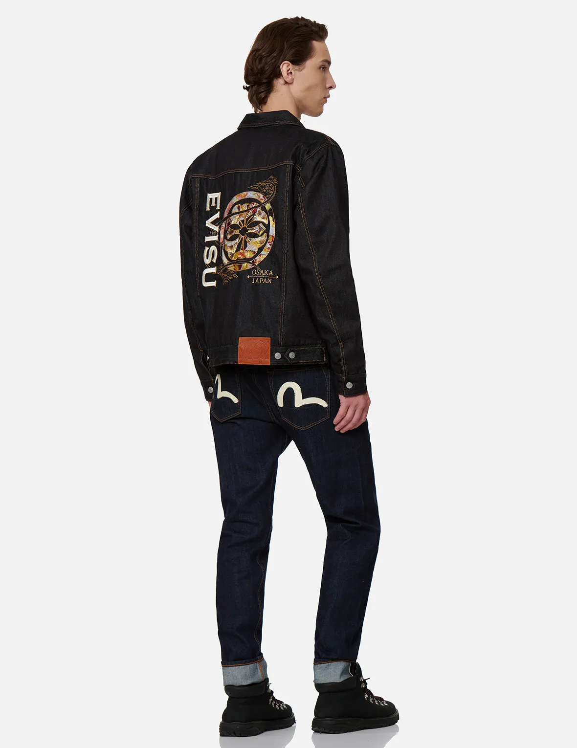 Koi-pattern Kamon and Logo Embroidery Denim Jacket