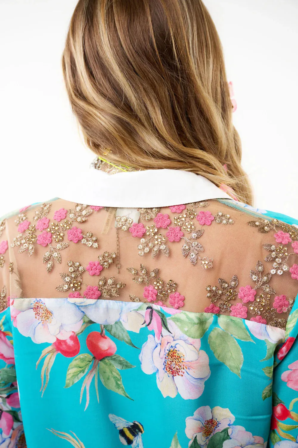 Laced Back Embroidered Sequined Floral Shirt