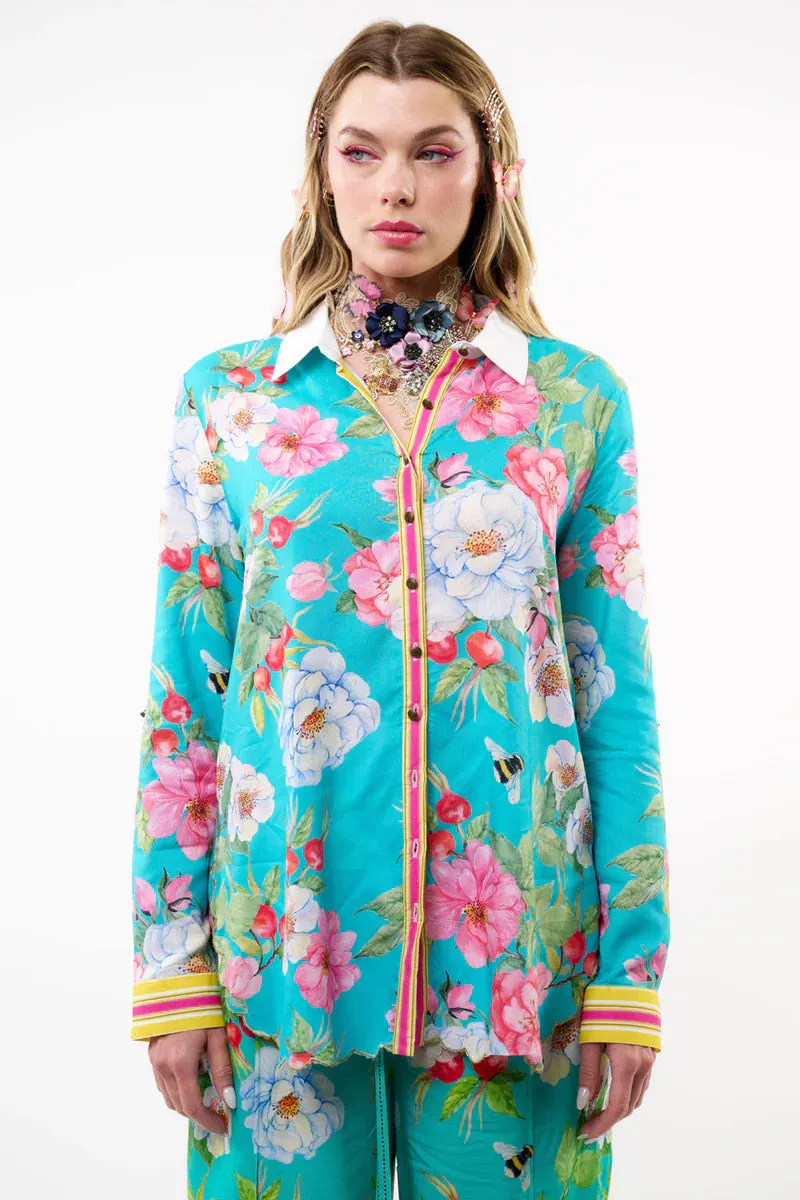 Laced Back Embroidered Sequined Floral Shirt