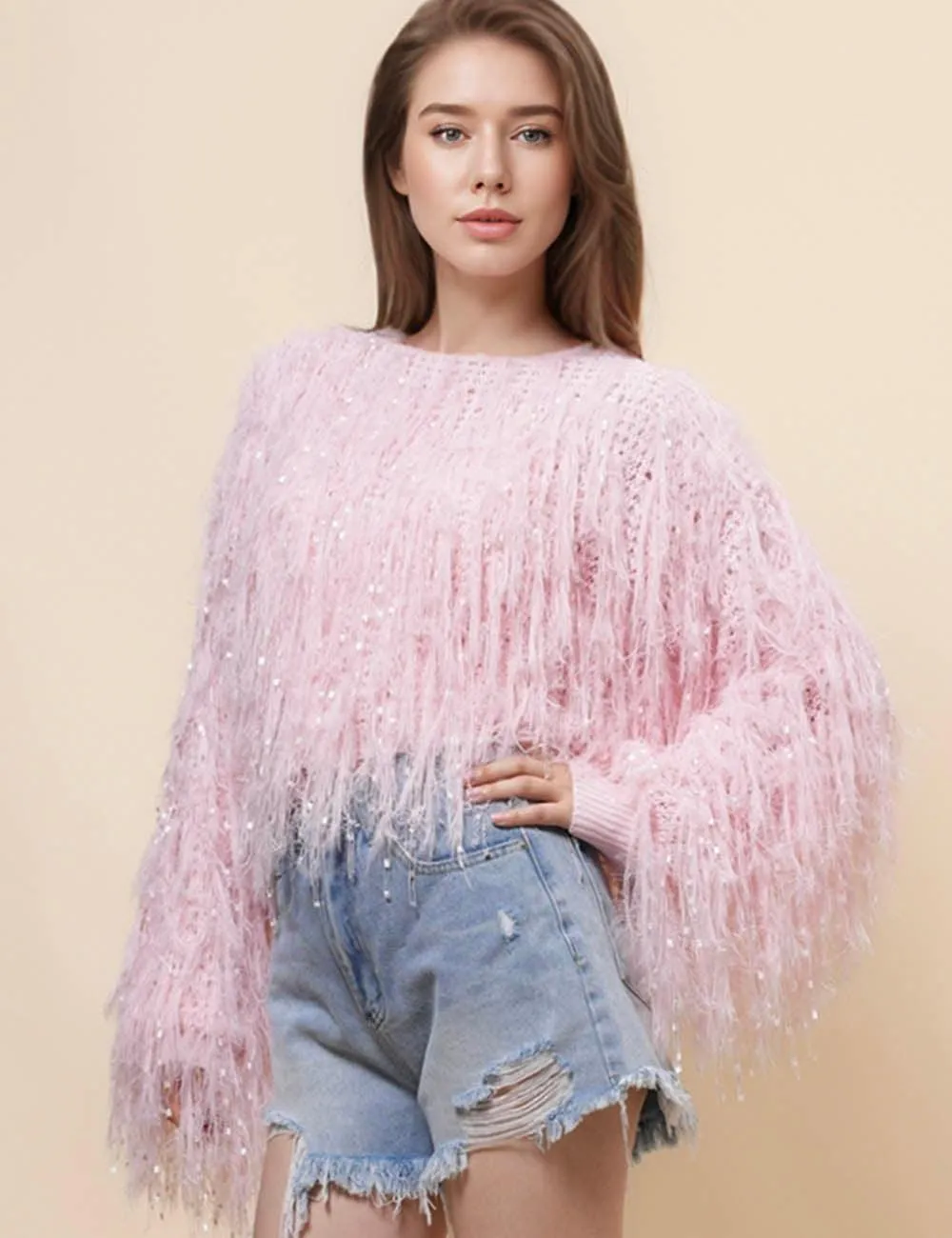 Ladies Tassels Pink Chic Faux Mink Pullover Sweater SKT4971