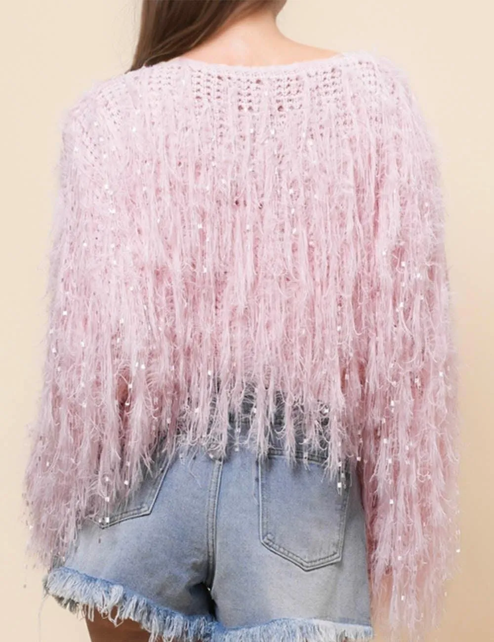 Ladies Tassels Pink Chic Faux Mink Pullover Sweater SKT4971