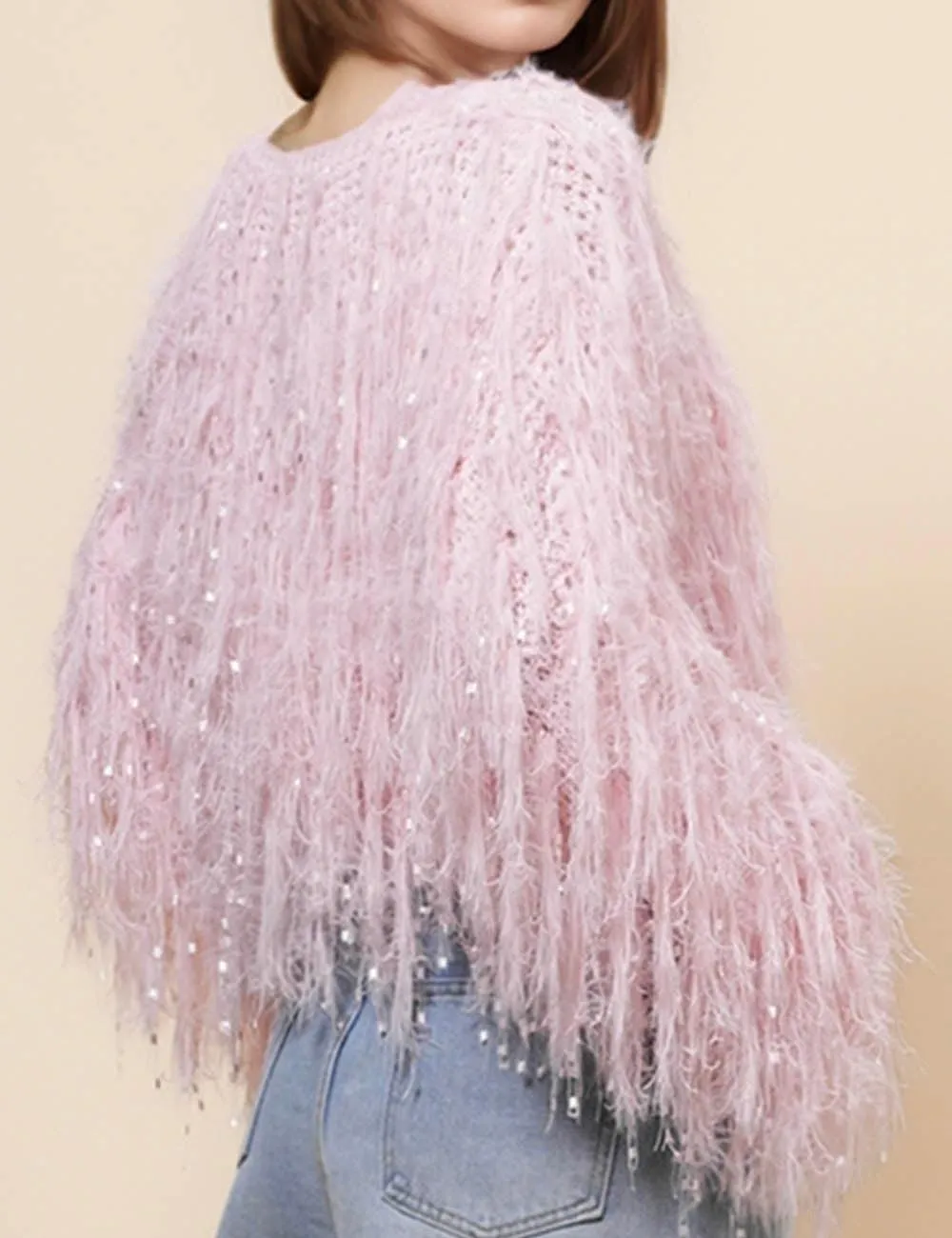 Ladies Tassels Pink Chic Faux Mink Pullover Sweater SKT4971