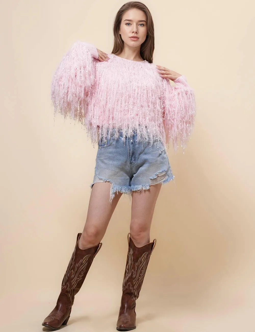 Ladies Tassels Pink Chic Faux Mink Pullover Sweater SKT4971