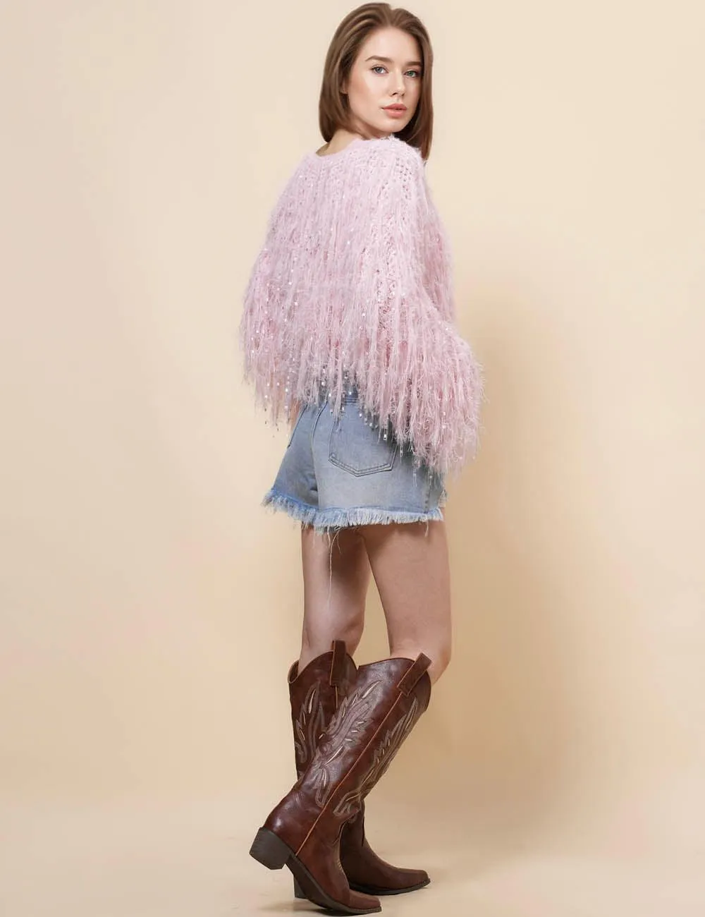 Ladies Tassels Pink Chic Faux Mink Pullover Sweater SKT4971