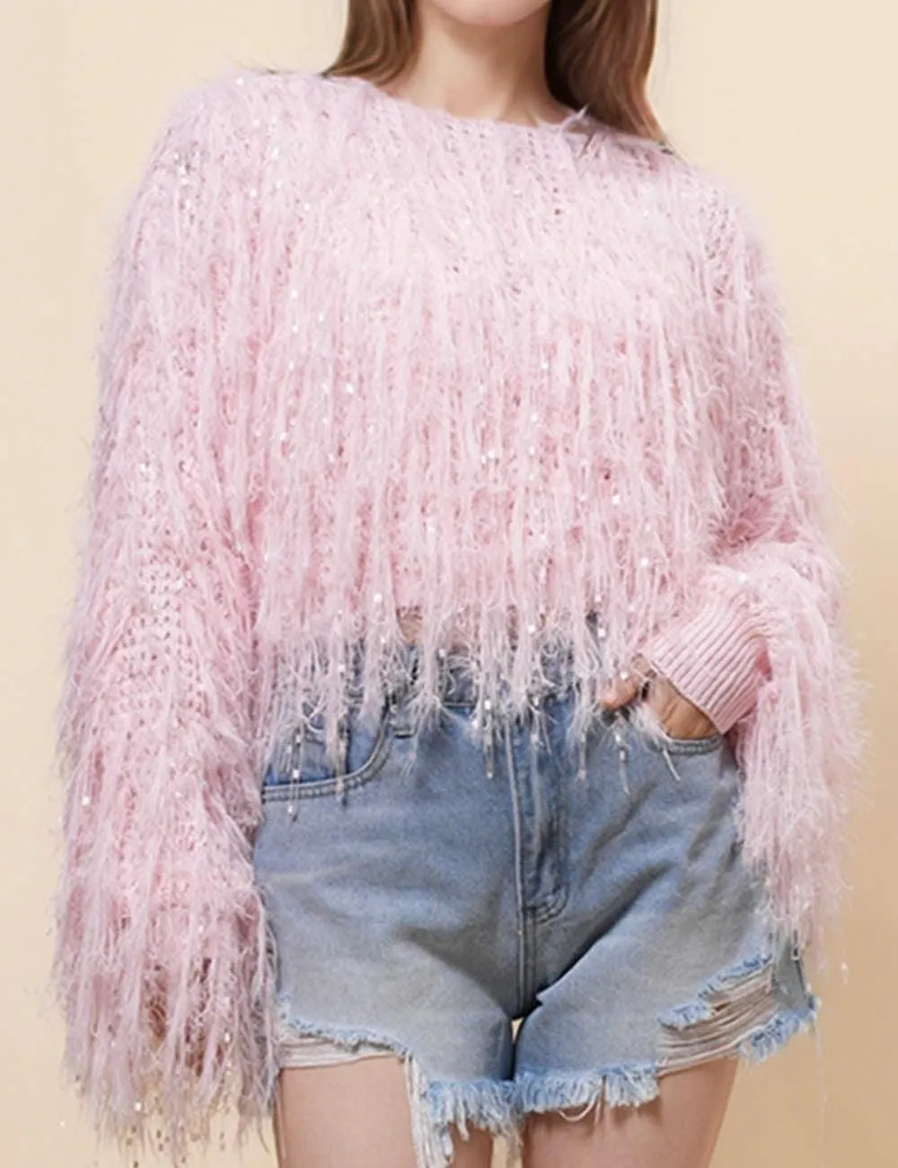 Ladies Tassels Pink Chic Faux Mink Pullover Sweater SKT4971