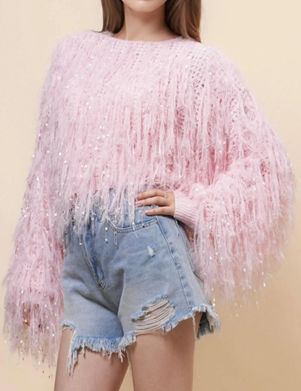 Ladies Tassels Pink Chic Faux Mink Pullover Sweater SKT4971