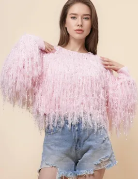 Ladies Tassels Pink Chic Faux Mink Pullover Sweater SKT4971