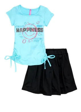 Little Girls Rhinestone Happiness Graphic Tee with Skirt