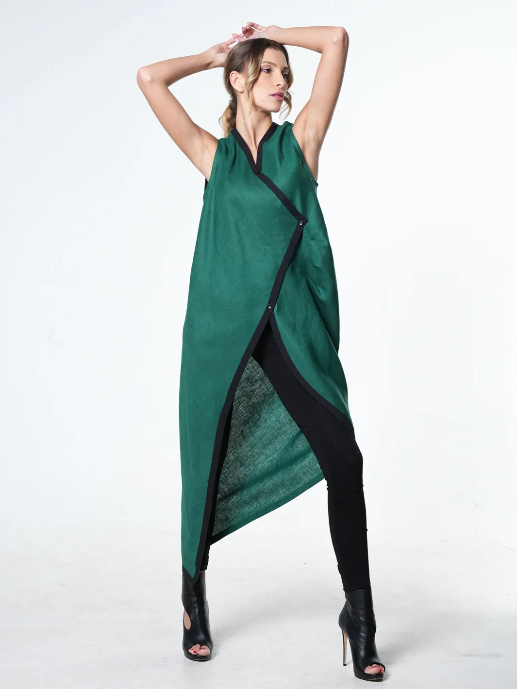 Long Linen Tunic Top In Green