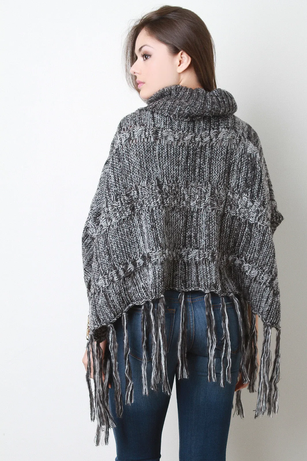 Marled Cable Knit Turtleneck Tassel Hem Poncho