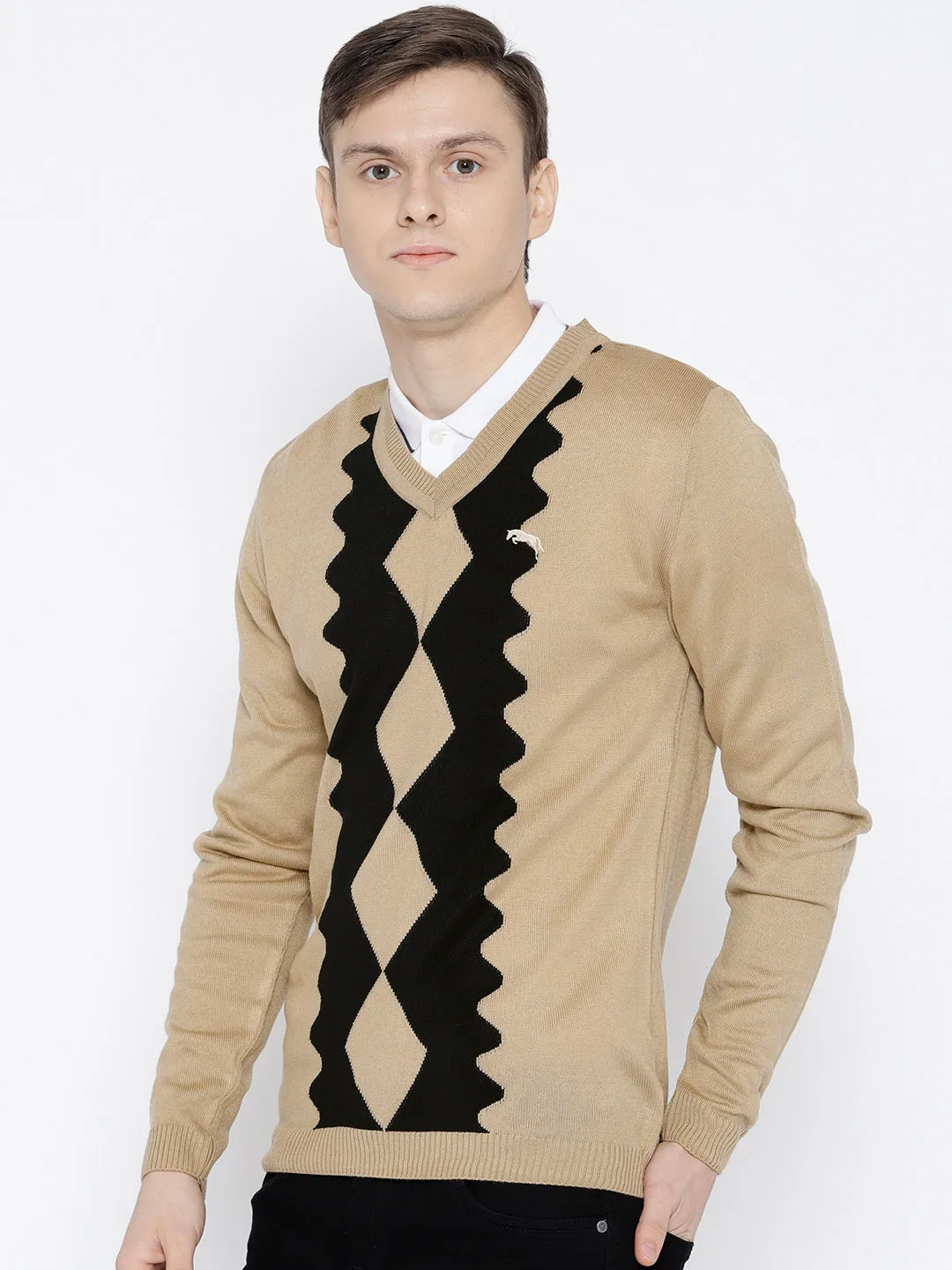 Men Beige Colourblocked Pullover