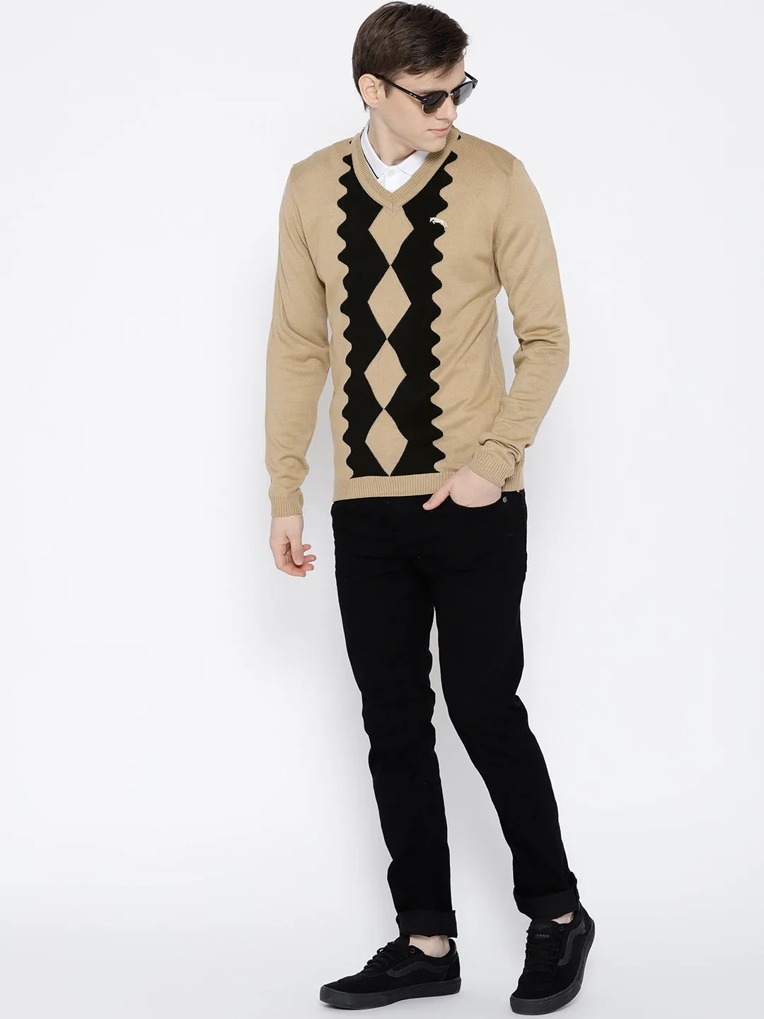 Men Beige Colourblocked Pullover