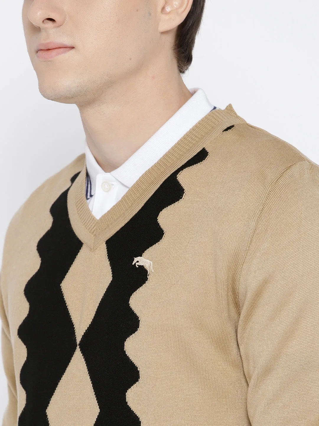 Men Beige Colourblocked Pullover