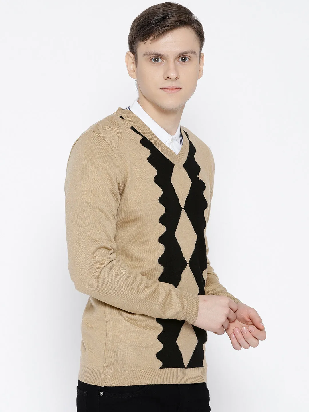 Men Beige Colourblocked Pullover