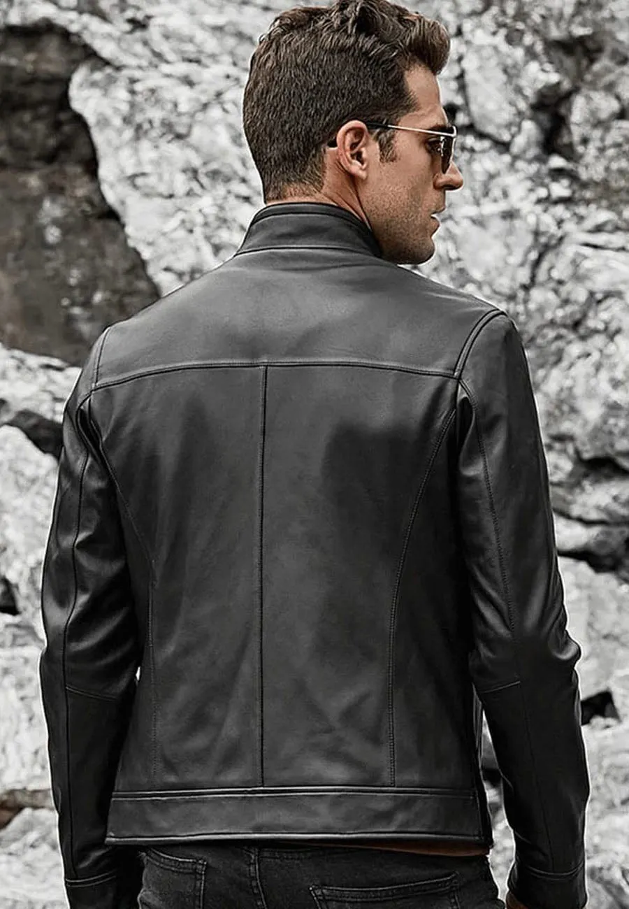 Men's Black Leather Jacket Ban Collar