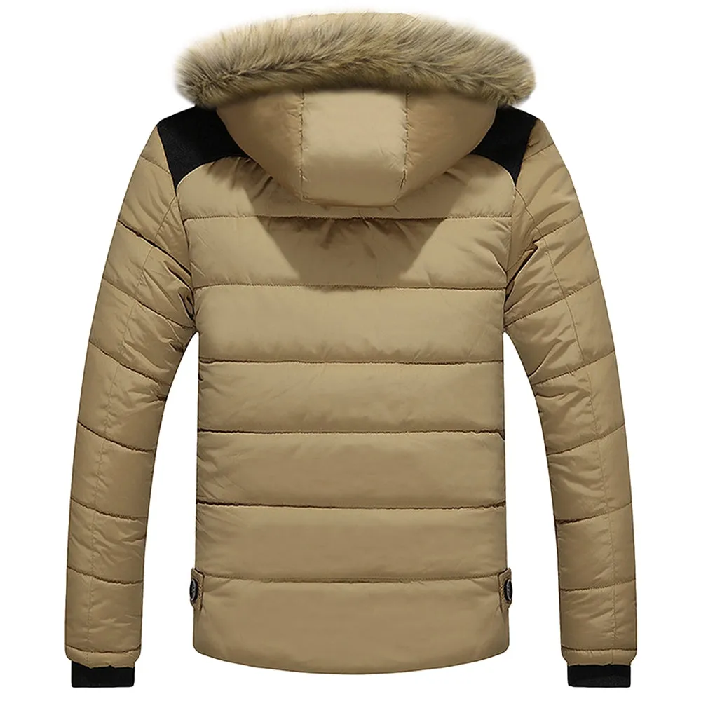 Men's Faux Fur Trim Hooded Puffer Long Sleeves Jacket