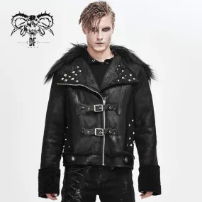 Men's Fur Turn-down Collar Belts Rivets Winter Jackets