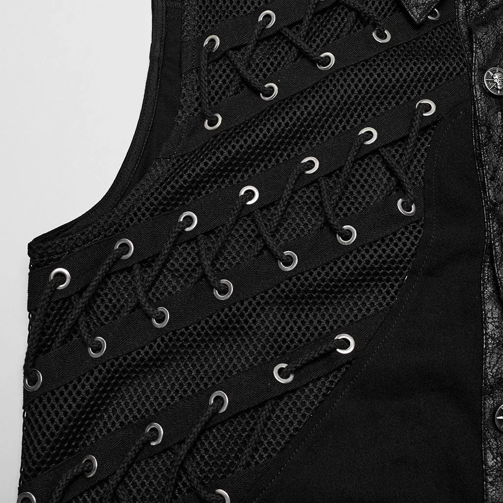 Men's Punk Strappy Mesh Splice Faux Leather Vest