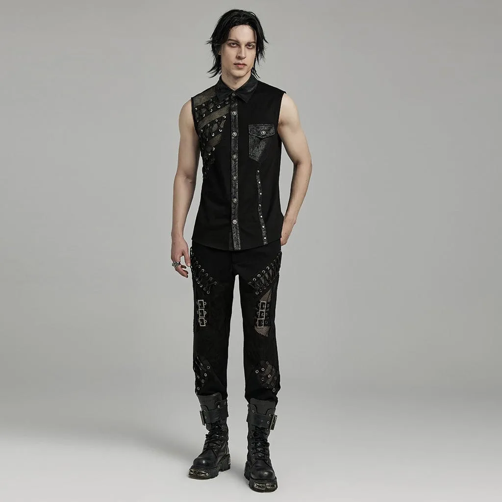 Men's Punk Strappy Mesh Splice Faux Leather Vest