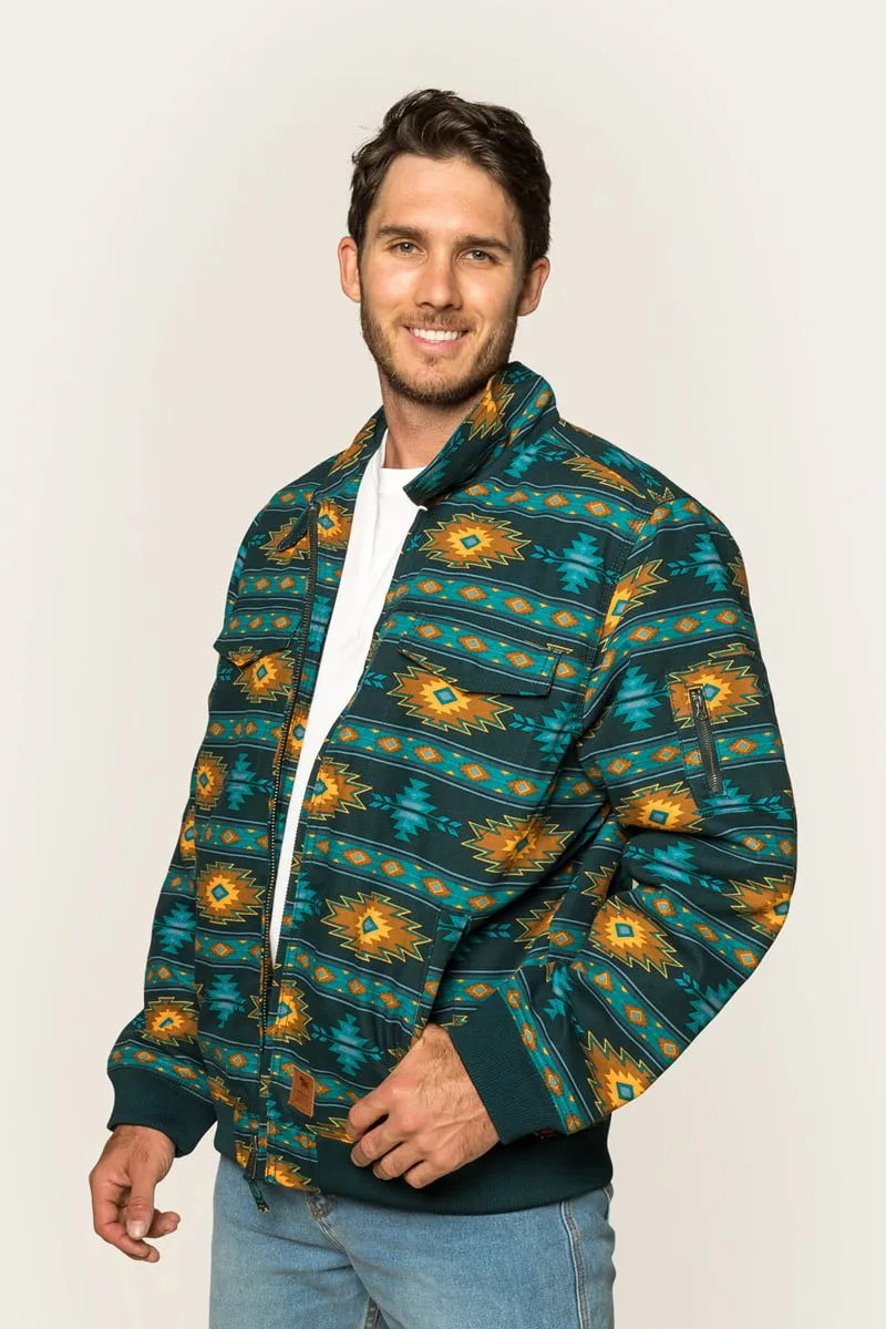 Mildura Mens Sherpa Bomber Jacket - Petrol Blue with Multi Print