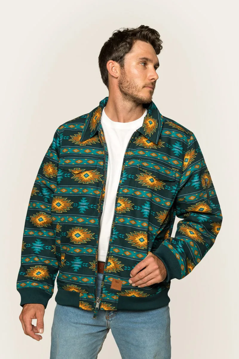 Mildura Mens Sherpa Bomber Jacket - Petrol Blue with Multi Print