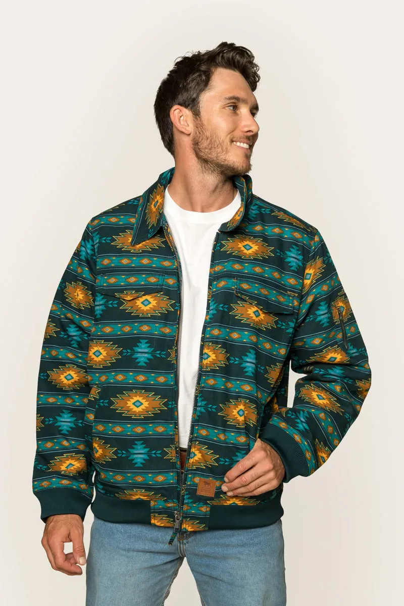 Mildura Mens Sherpa Bomber Jacket - Petrol Blue with Multi Print