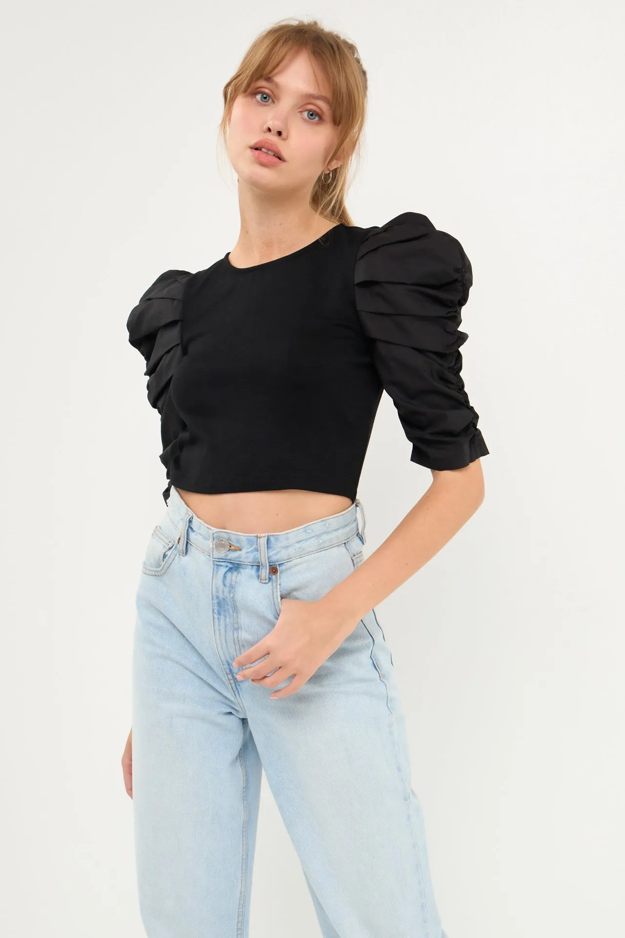 Mixed Media Puff Sleeve Top