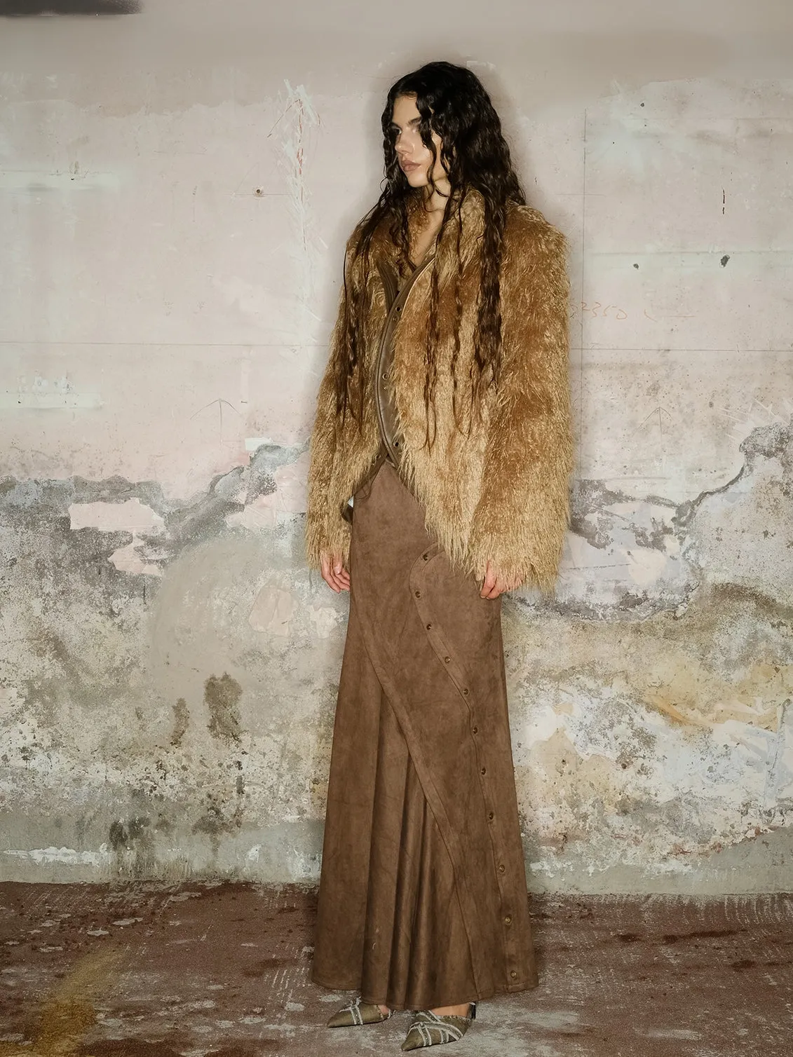 NORTH NODE Avant-Garde Shaggy Faux Fur Coat - Camel and Black