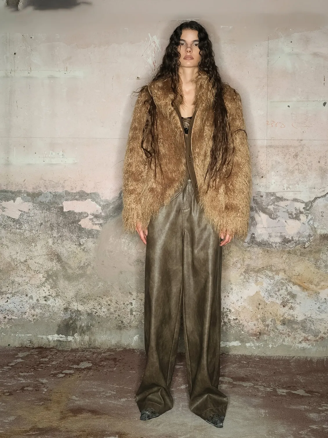 NORTH NODE Avant-Garde Shaggy Faux Fur Coat - Camel and Black