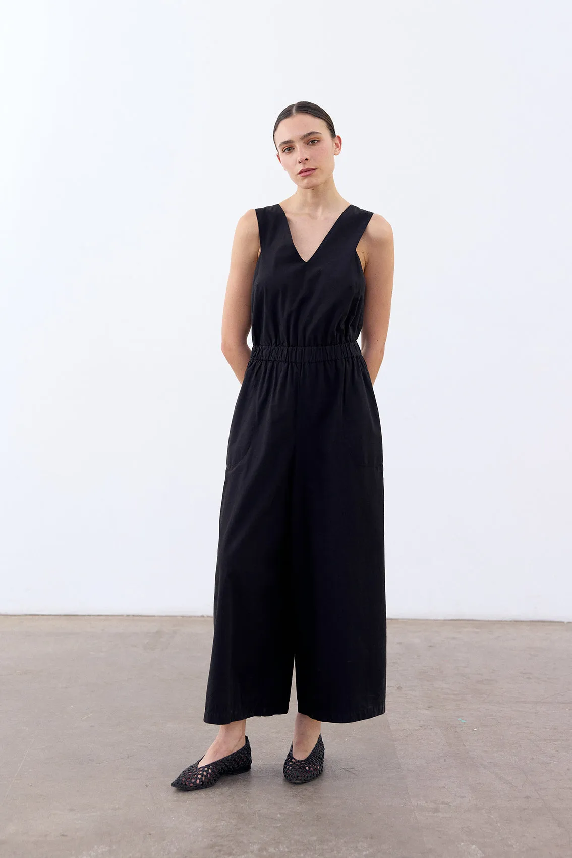 Open Back V-Neck Jumpsuit Cotton - Ónix