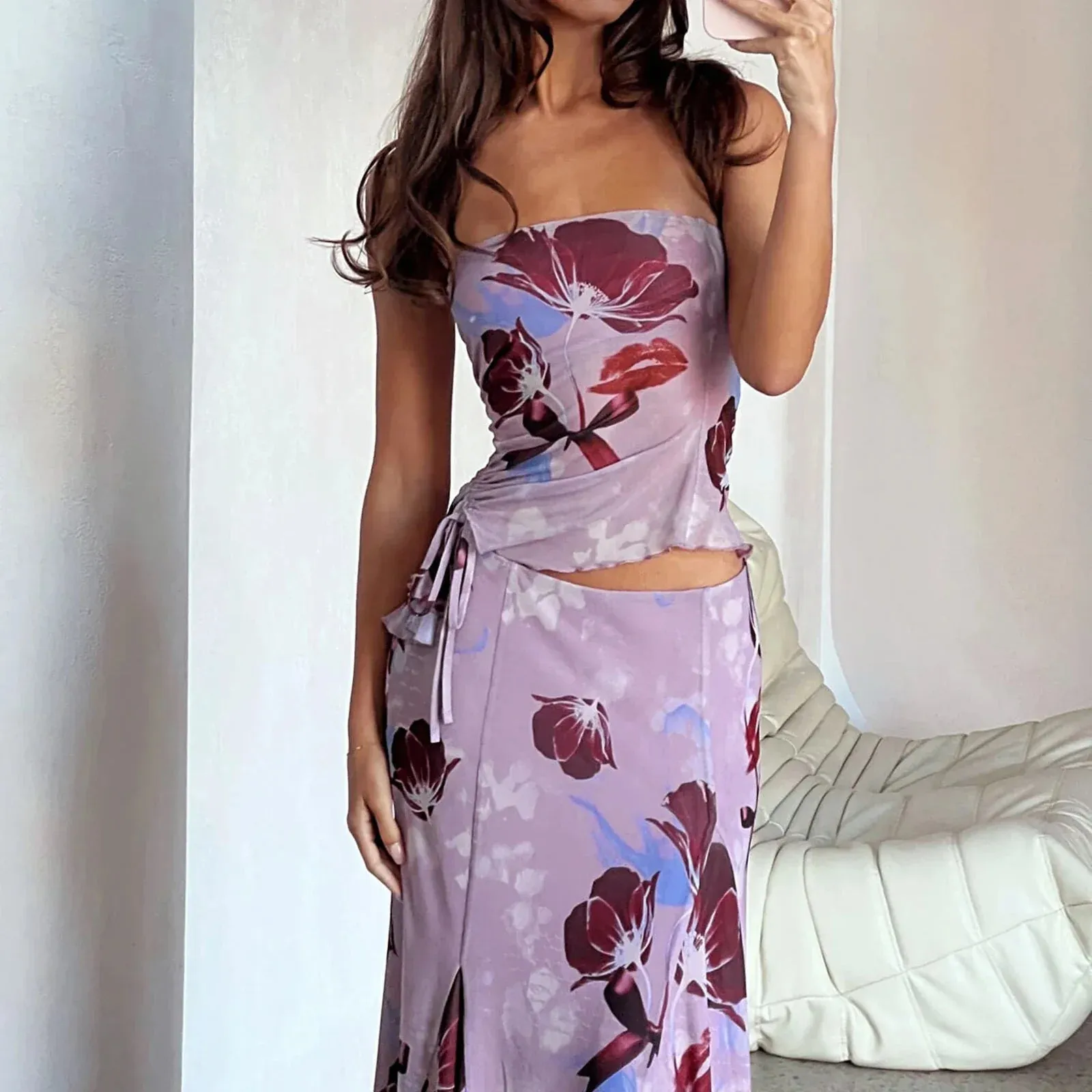 Out Fits Y2k Retro Floral Print Strapless Drawstring Ruched Tube Tops Ruffle Long Skirt Set Streetwear Summer 2Pcs Dress