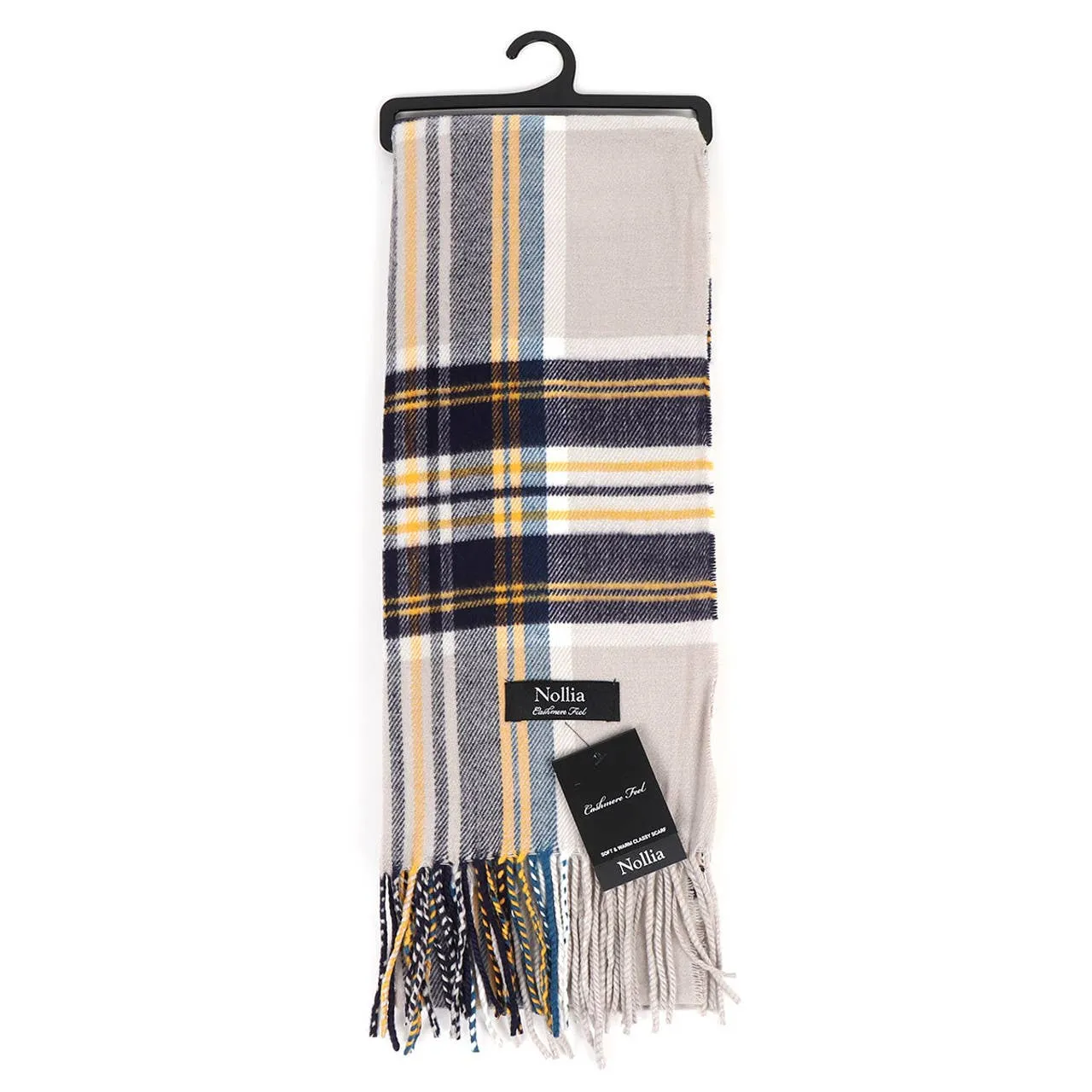 Plaid Cashmere Feels Winter Scarf Ivory Blue and Yellow