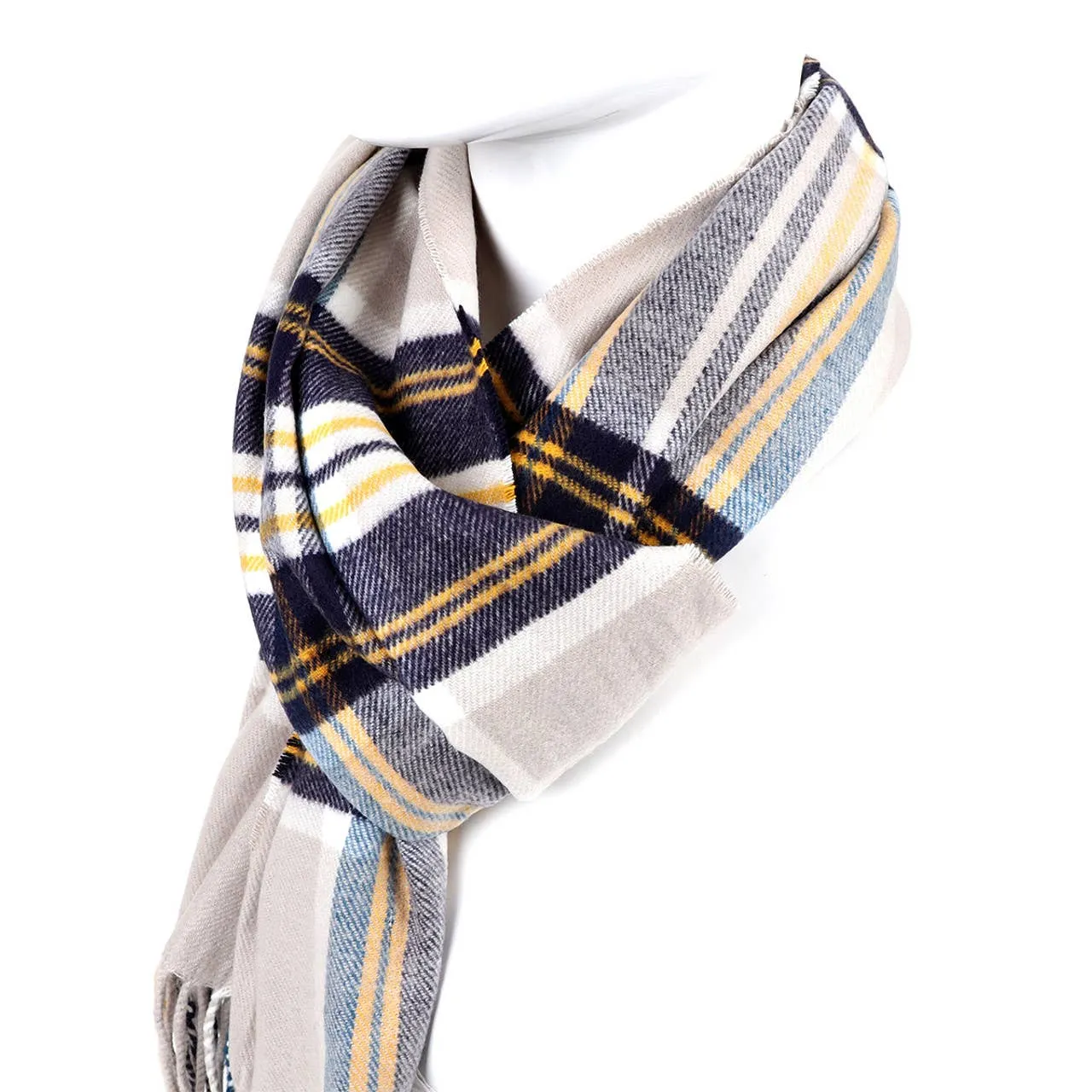 Plaid Cashmere Feels Winter Scarf Ivory Blue and Yellow