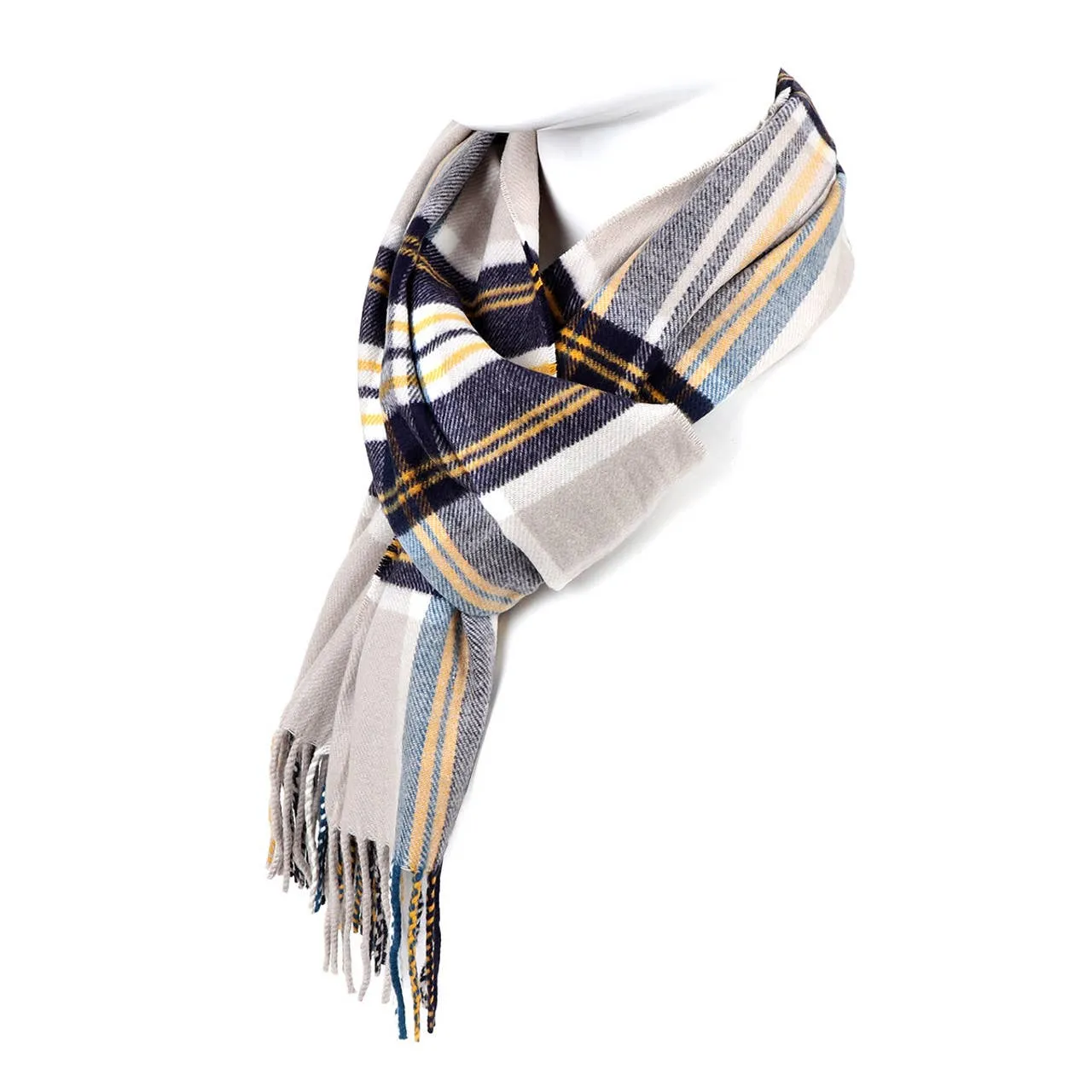 Plaid Cashmere Feels Winter Scarf Ivory Blue and Yellow