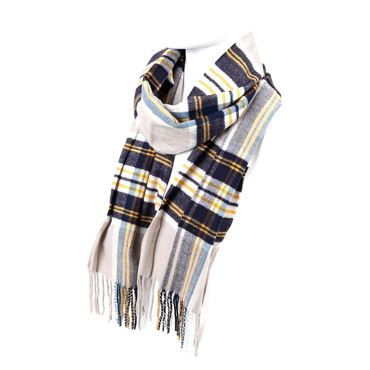 Plaid Cashmere Feels Winter Scarf Ivory Blue and Yellow