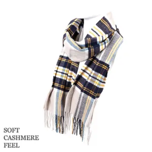 Plaid Cashmere Feels Winter Scarf Ivory Blue and Yellow