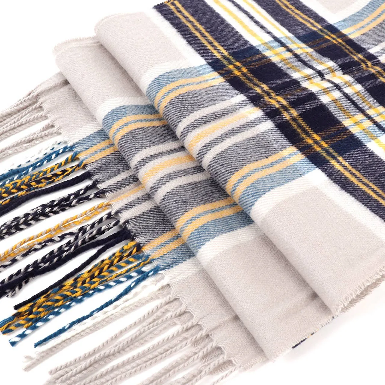 Plaid Cashmere Feels Winter Scarf Ivory Blue and Yellow