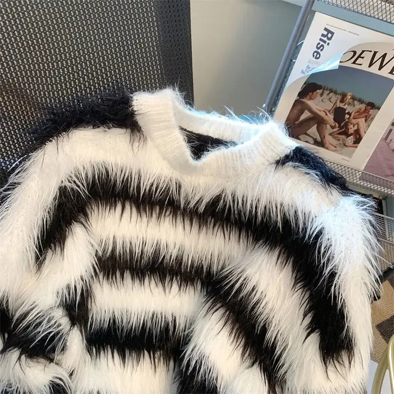 Pre Order:  Stripes Faux Fur Loose Sweater