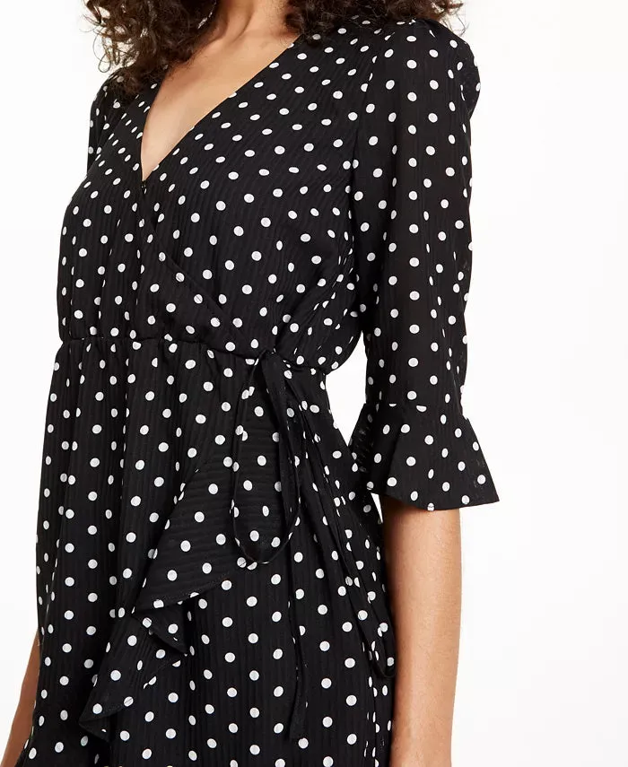 Q & A Women's Dot-Print Surplice Faux-Wrap Dress Black Size Large