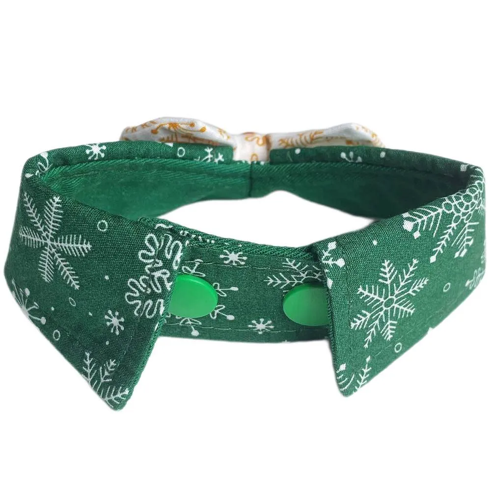 RuffCo Handcrafted Bowtie Button Collar For Cats & Dogs (Green Snowflake)