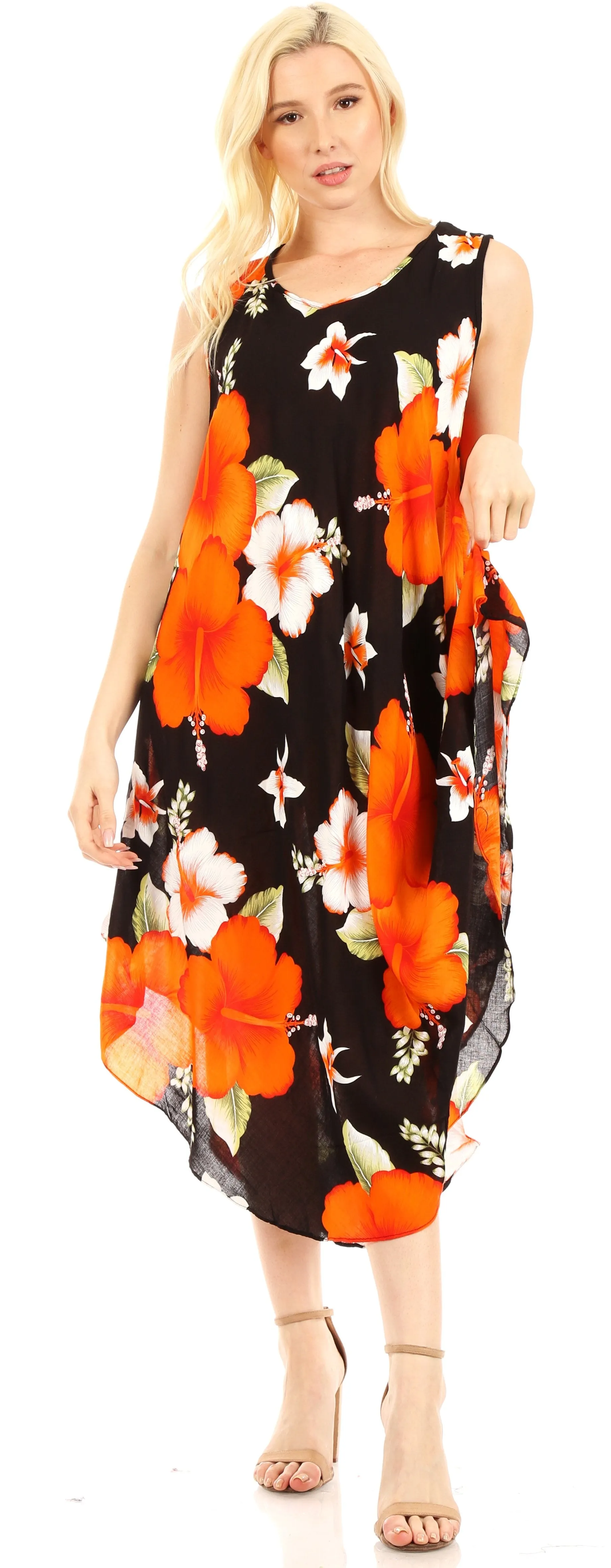 Sakkas Aba Women's Casual Summer Floral Print Sleeveless Loose Dress Cover-up