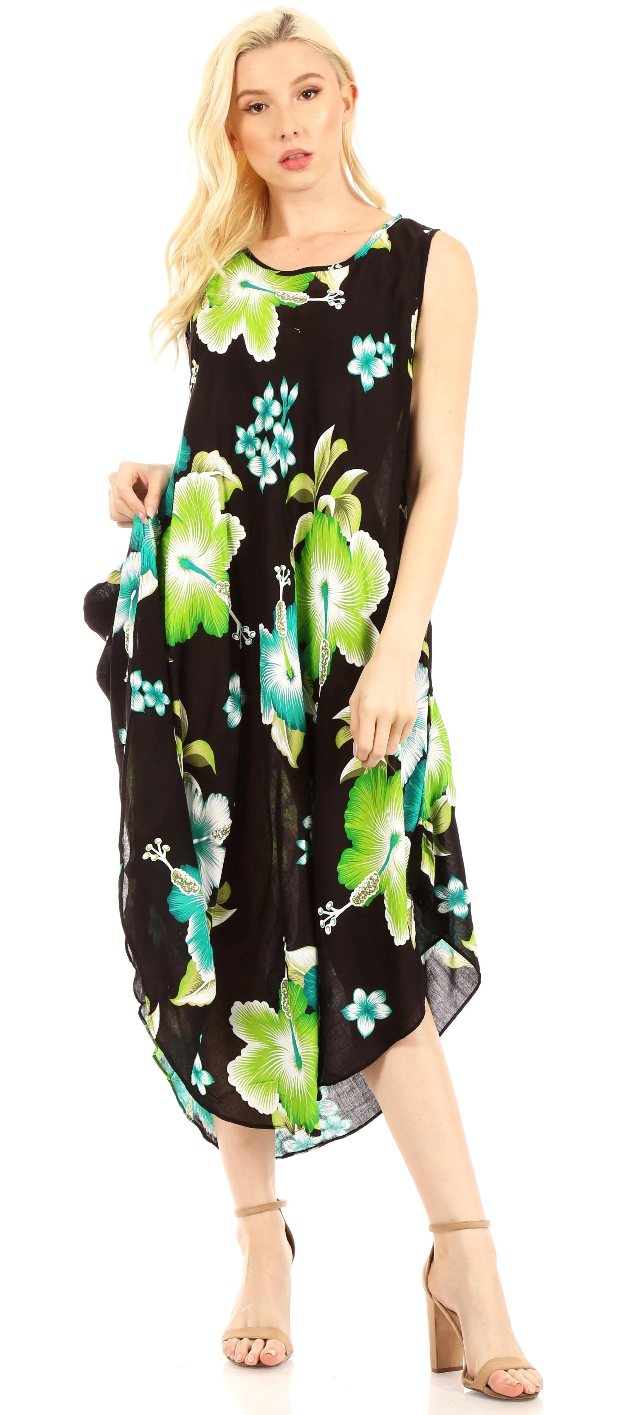 Sakkas Aba Women's Casual Summer Floral Print Sleeveless Loose Dress Cover-up