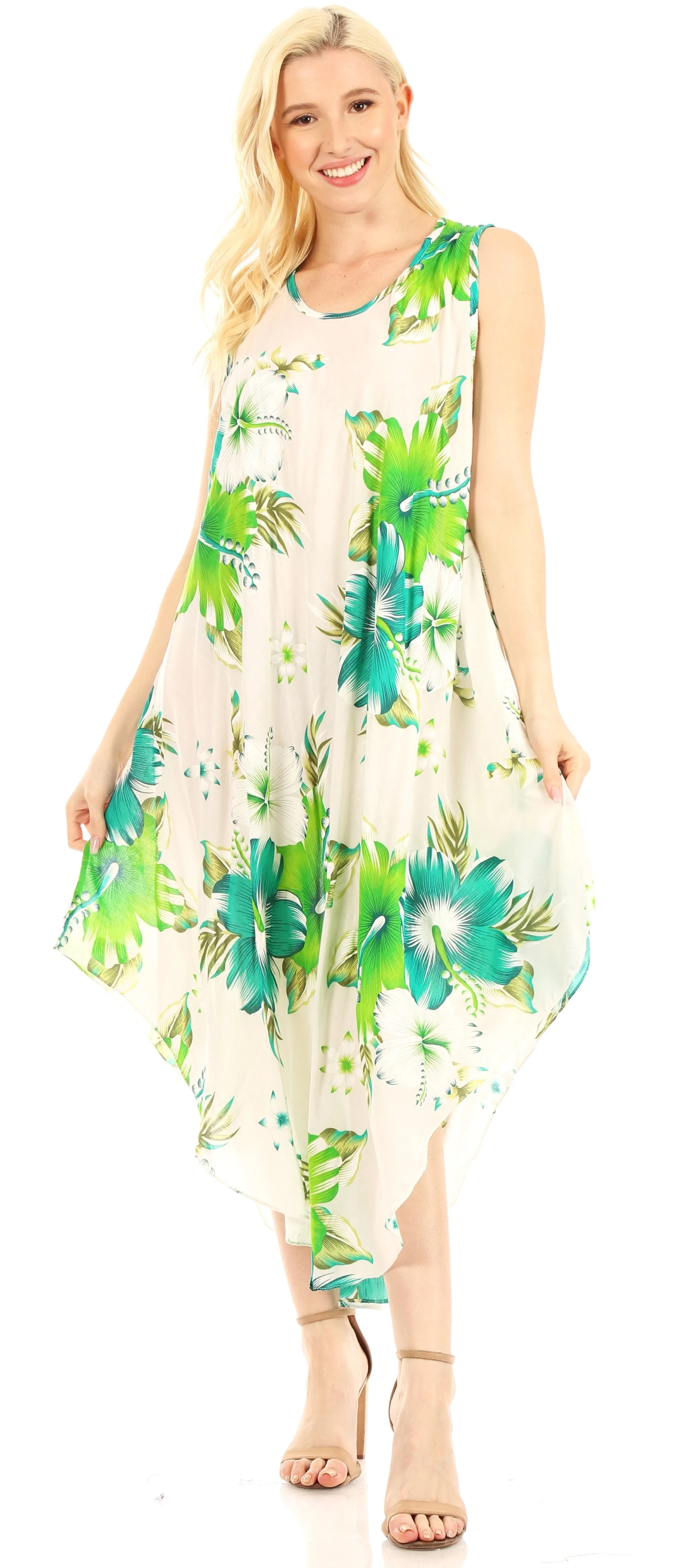 Sakkas Aba Women's Casual Summer Floral Print Sleeveless Loose Dress Cover-up