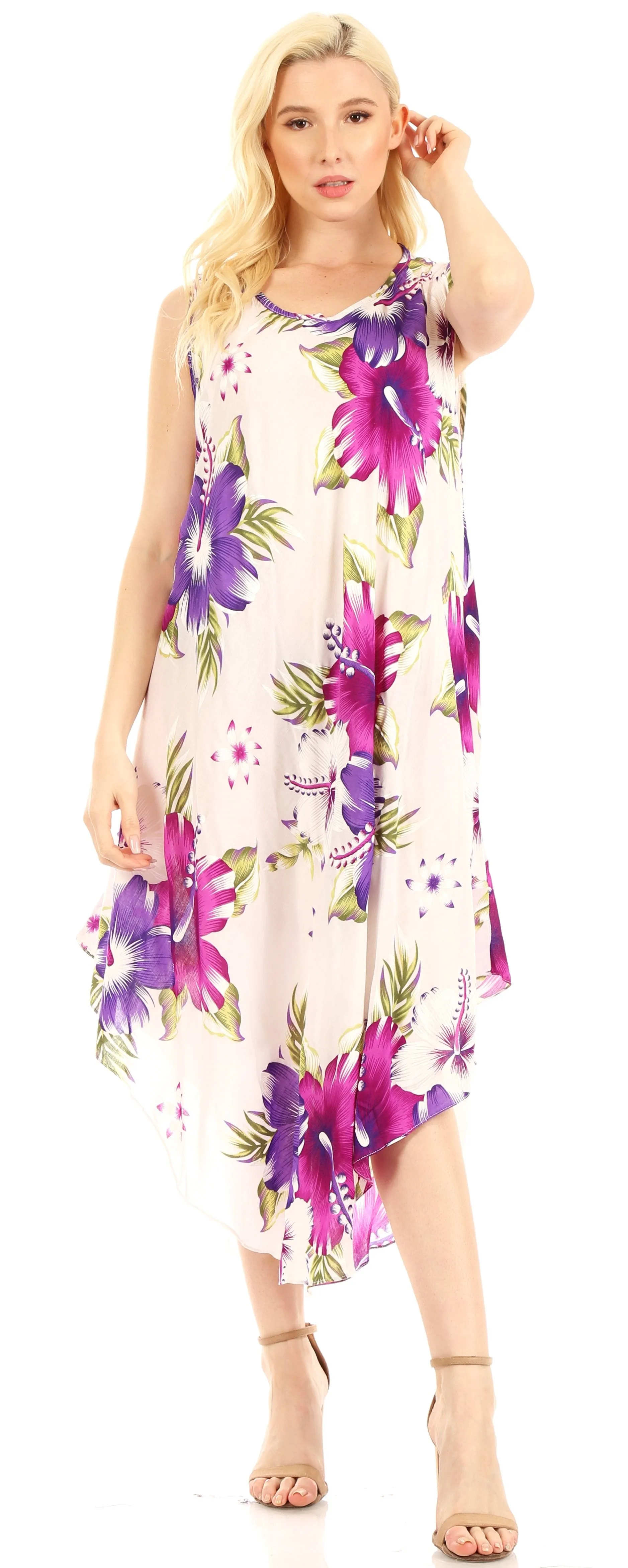 Sakkas Aba Women's Casual Summer Floral Print Sleeveless Loose Dress Cover-up