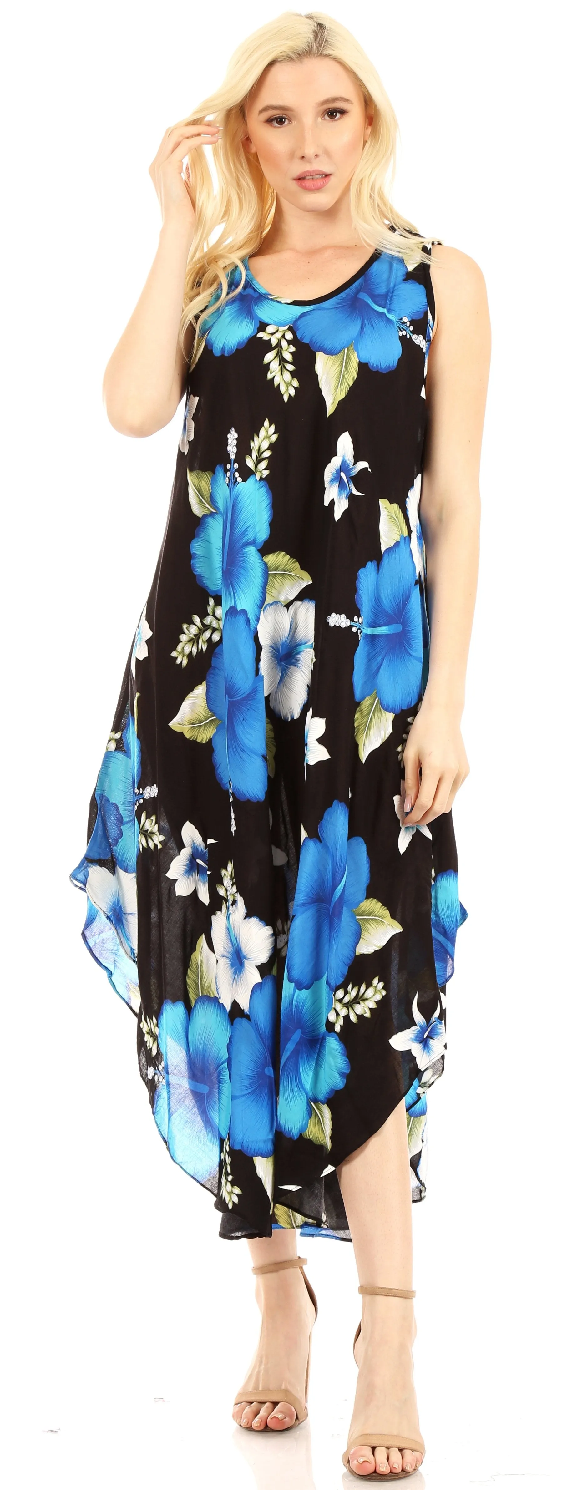 Sakkas Aba Women's Casual Summer Floral Print Sleeveless Loose Dress Cover-up