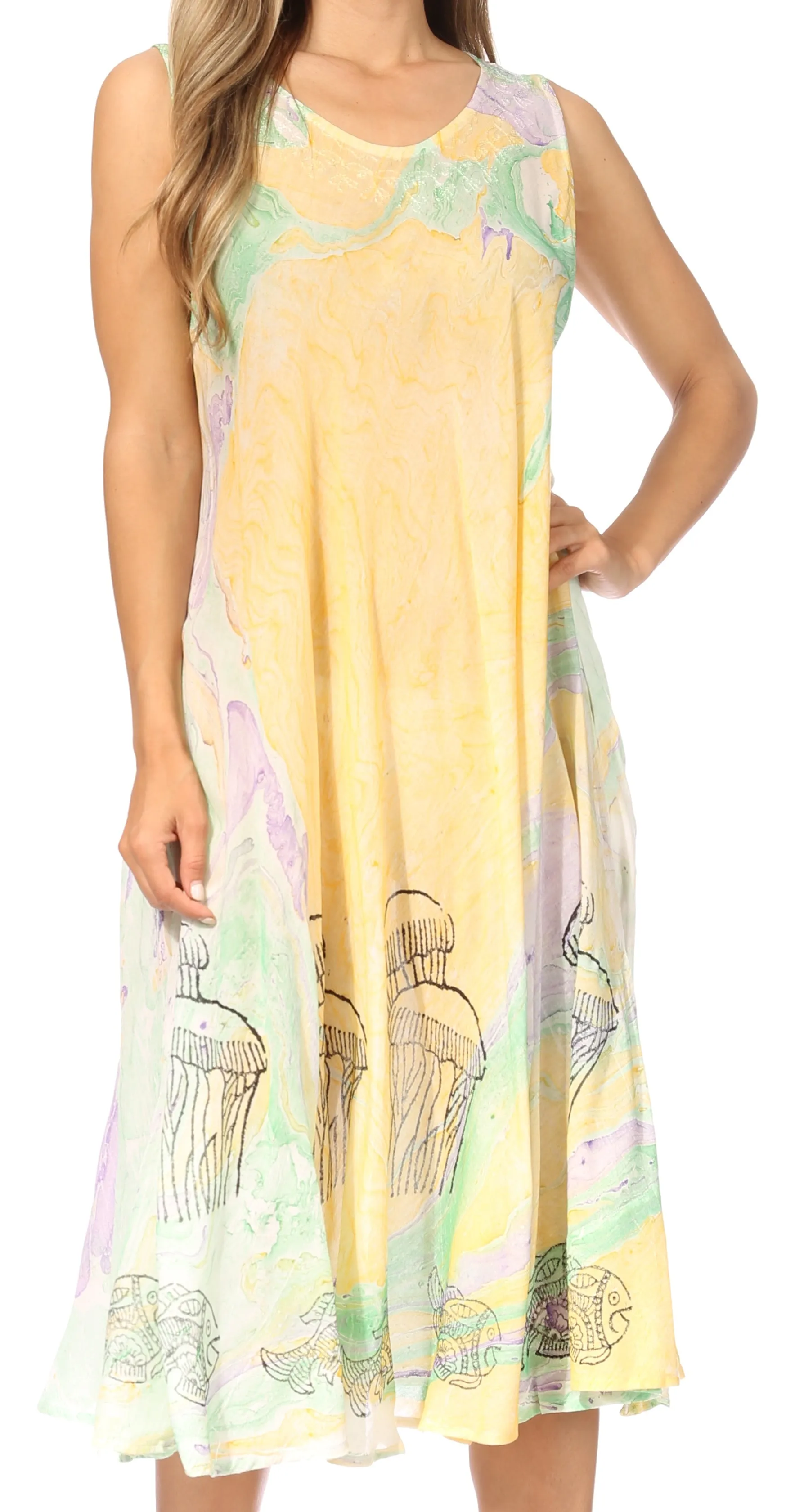 Sakkas Mara Women's Casual Sleeveless Tank Flare Midi Boho Batik Dress Cover-up