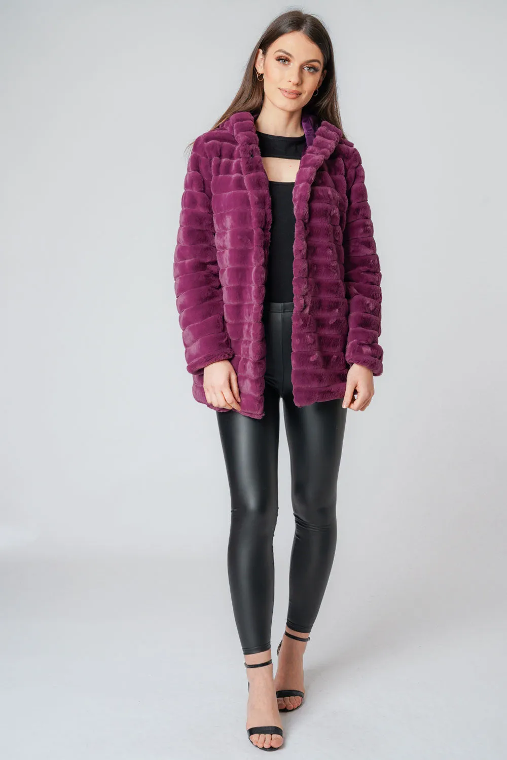 Soft Faux Fur Panel Hooded Coat