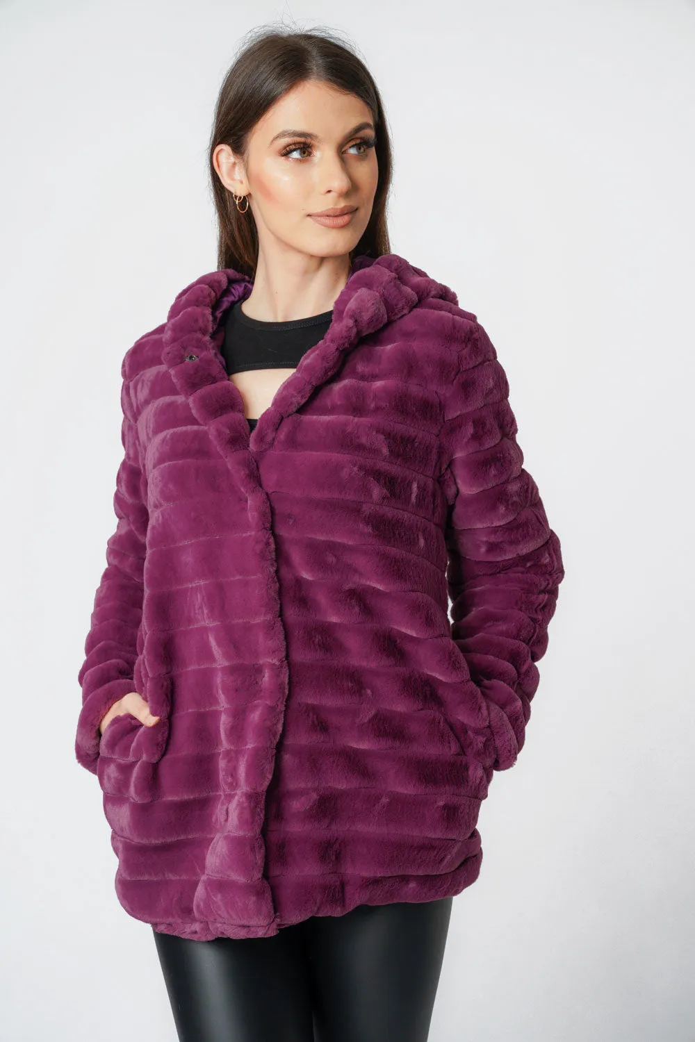 Soft Faux Fur Panel Hooded Coat